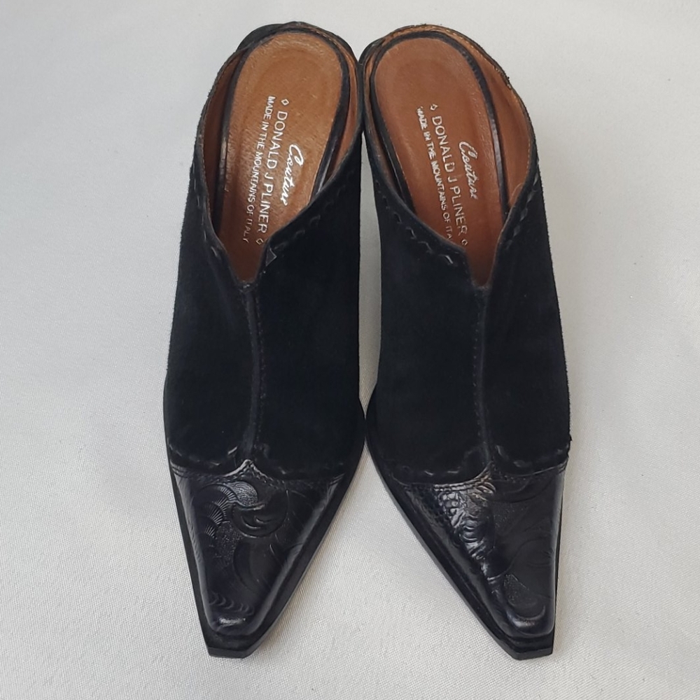 Donald J. Pliner Black Pointed-Toe Leather & Suede Mules